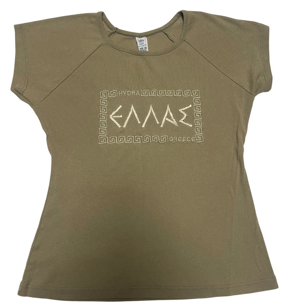 Vintage Greece Hydra Hellas Graphic Tee Olive Green Cotton Top L